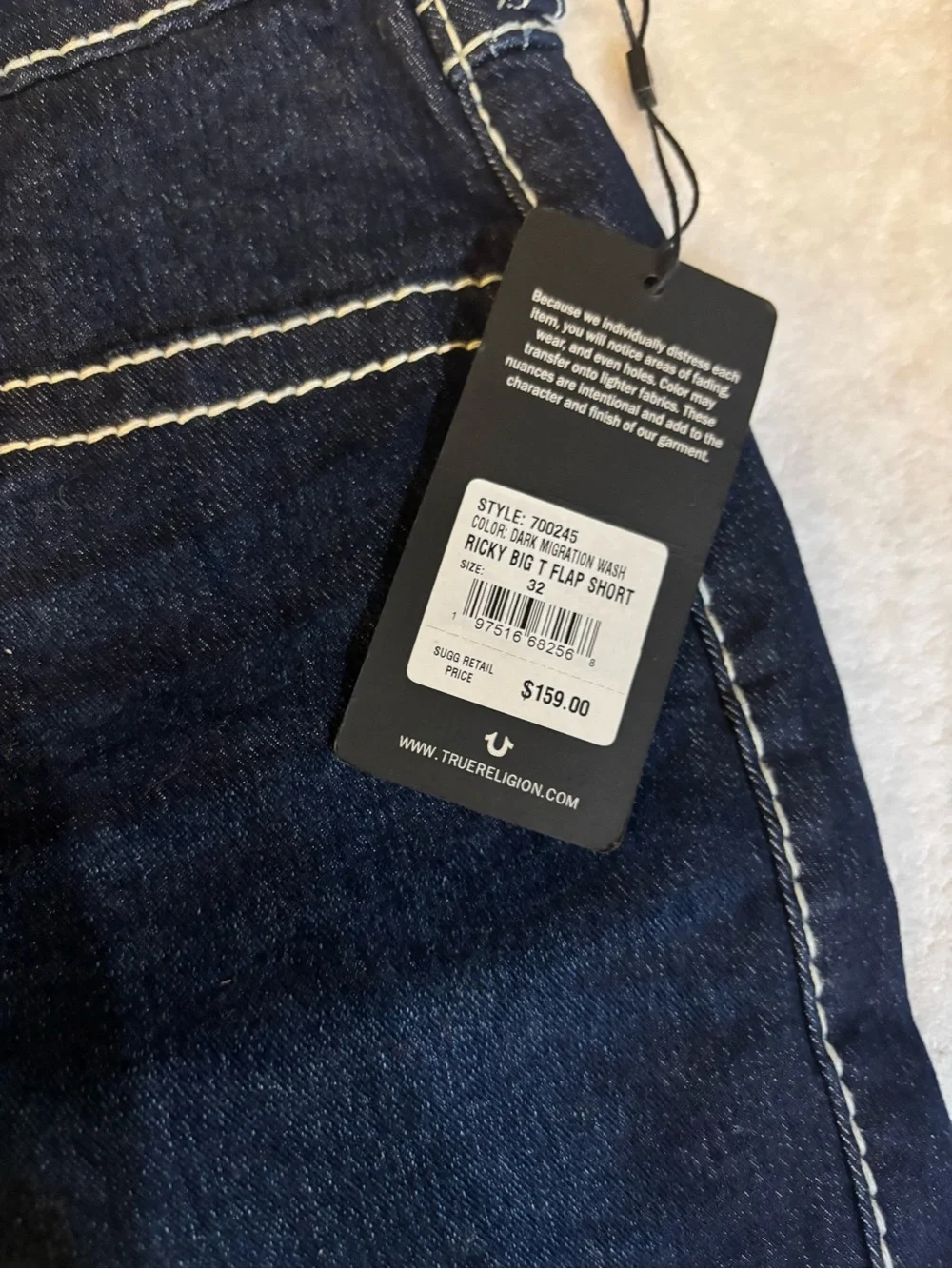 True Religion Men’s Dark Indigo Denim Shorts with Contrast Stitching